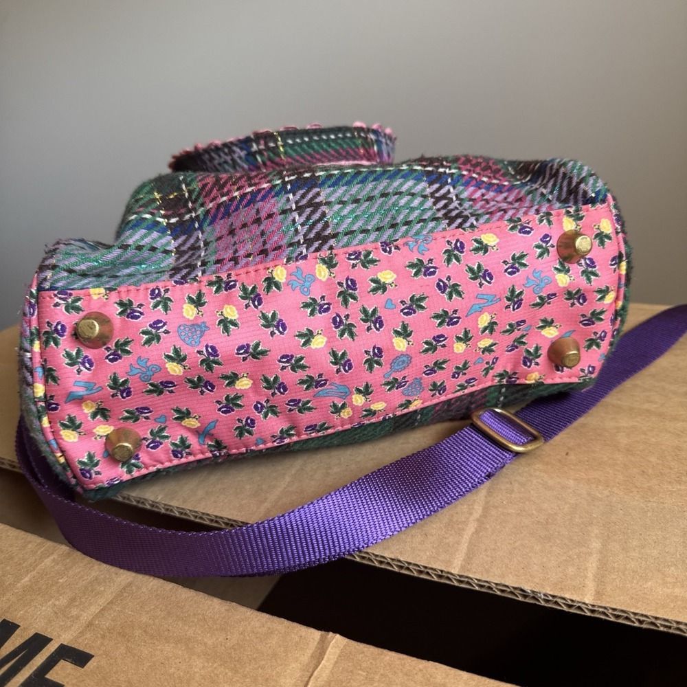 Oilily Pink Green Purple Plaid Floral Embroidered crossbody Satchel Purse - Picture 8 of 16